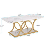 2-Tier Modern Coffee Table – White Faux Marble Top & Gold Metal Legs, 47"