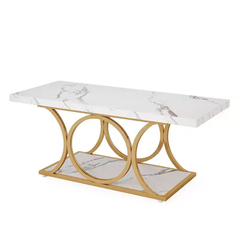2-Tier Modern Coffee Table – White Faux Marble Top & Gold Metal Legs, 47"