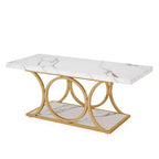 2-Tier Modern Coffee Table – White Faux Marble Top & Gold Metal Legs, 47"