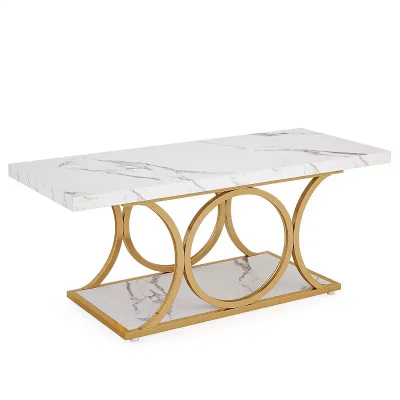 2-Tier Modern Coffee Table – White Faux Marble Top & Gold Metal Legs, 47"