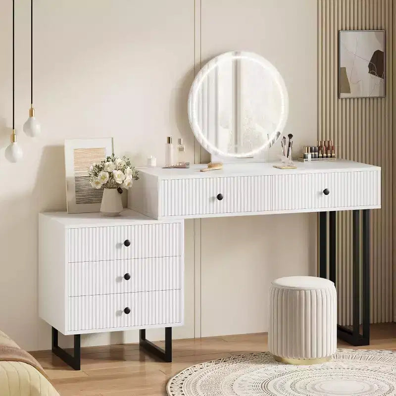 Coiffeuse Lumineuse Noire / Blanche avec Miroir, 5 Tiroirs, Monoposte