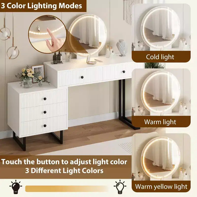 Coiffeuse Lumineuse Noire / Blanche avec Miroir, 5 Tiroirs, Monoposte