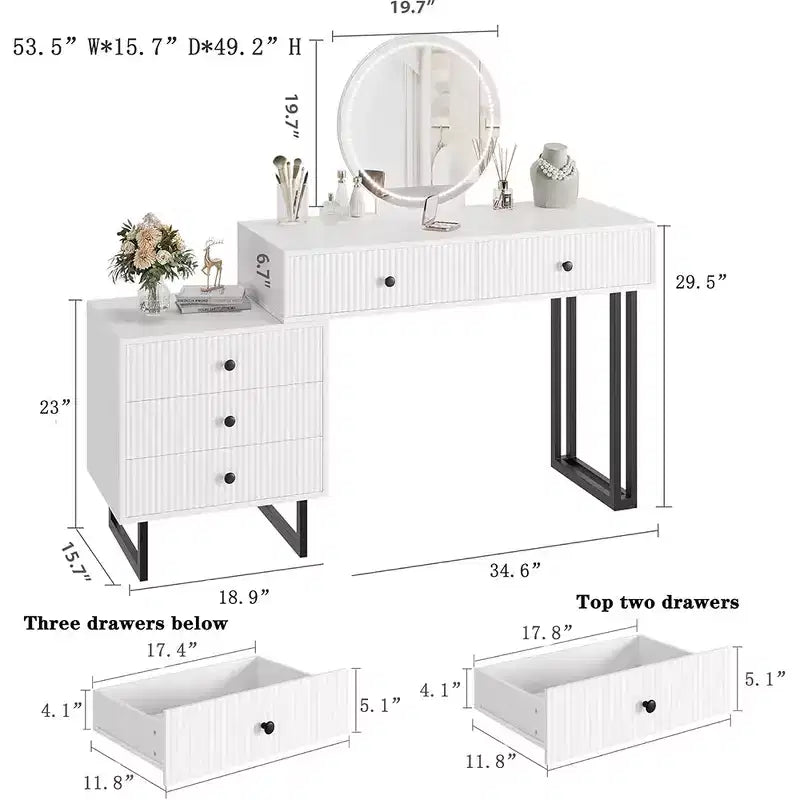 Coiffeuse Lumineuse Noire / Blanche avec Miroir, 5 Tiroirs, Monoposte