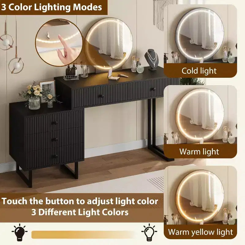 Coiffeuse Lumineuse Noire / Blanche avec Miroir, 5 Tiroirs, Monoposte