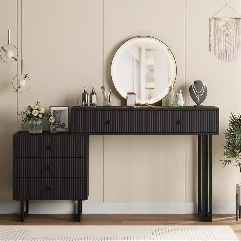 Black / White Lighted Vanity Desk with Mirror, 5 Drawers, Single User
