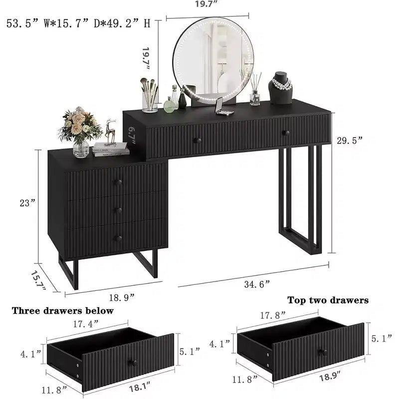 Coiffeuse Lumineuse Noire / Blanche avec Miroir, 5 Tiroirs, Monoposte