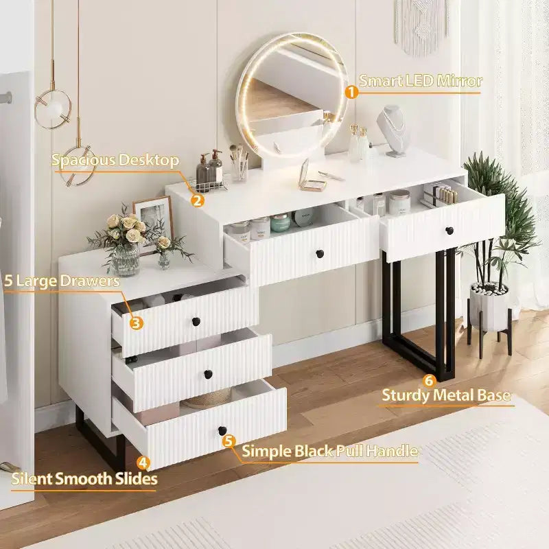 Coiffeuse Lumineuse Noire / Blanche avec Miroir, 5 Tiroirs, Monoposte