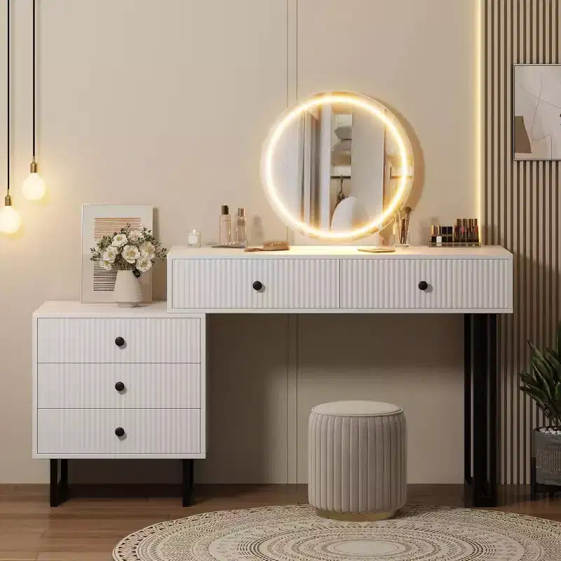 Black / White Lighted Vanity Desk with Mirror, 5 Drawers, Single User