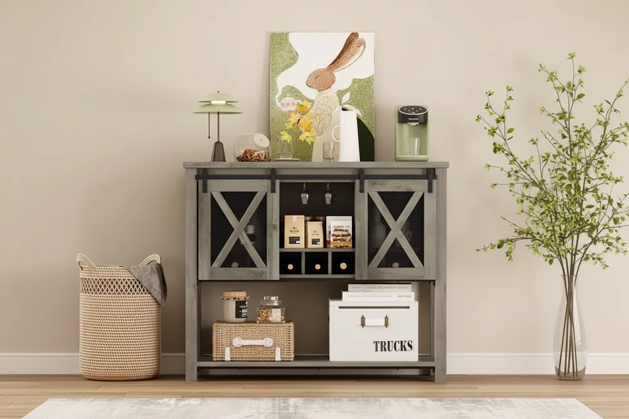 Grey/White Sliding Barn Door Wine Bar Cabinet with Wine Rack and Glass Holder