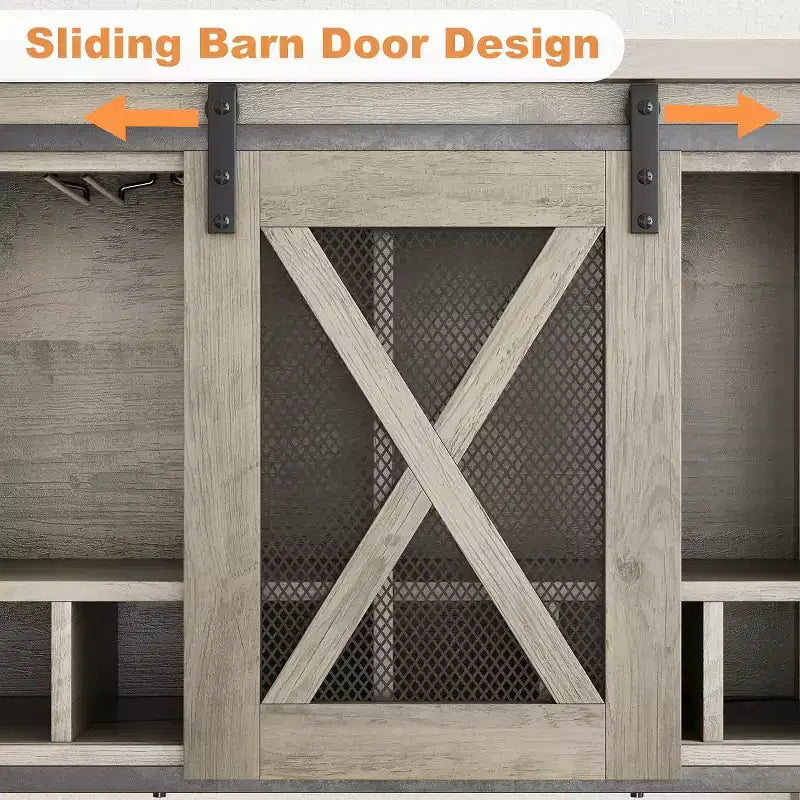 Grey/White Sliding Barn Door Wine Bar Cabinet with Wine Rack and Glass Holder