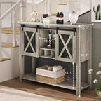 Meuble de bar à vin gris/blanc avec porte coulissante de style grange, porte-bouteilles et porte-verres