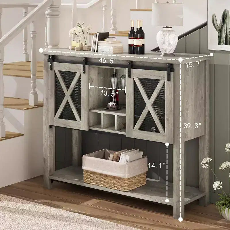 Meuble de bar à vin gris/blanc avec porte coulissante de style grange, porte-bouteilles et porte-verres