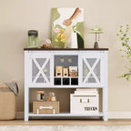 Meuble de bar à vin gris/blanc avec porte coulissante de style grange, porte-bouteilles et porte-verres