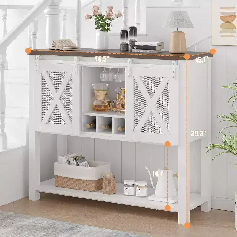 Meuble de bar à vin gris/blanc avec porte coulissante de style grange, porte-bouteilles et porte-verres