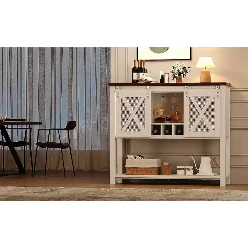 Grey/White Sliding Barn Door Wine Bar Cabinet with Wine Rack and Glass Holder