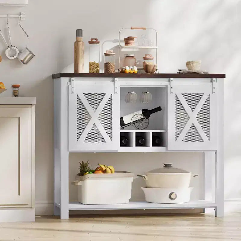 Grey/White Sliding Barn Door Wine Bar Cabinet with Wine Rack and Glass Holder