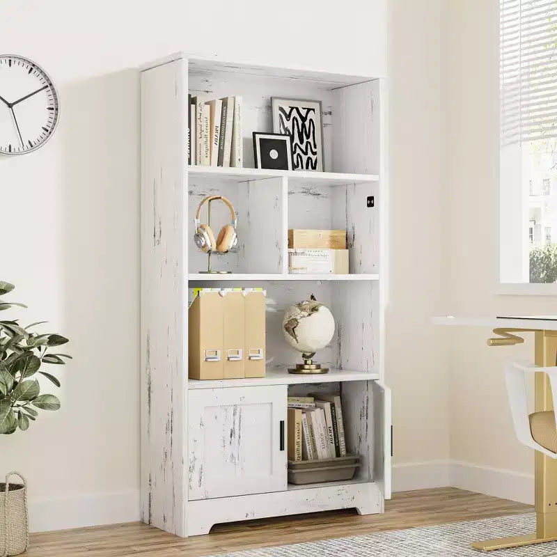 White Farmhouse Bookcase with Door & LED Light, Modern Style