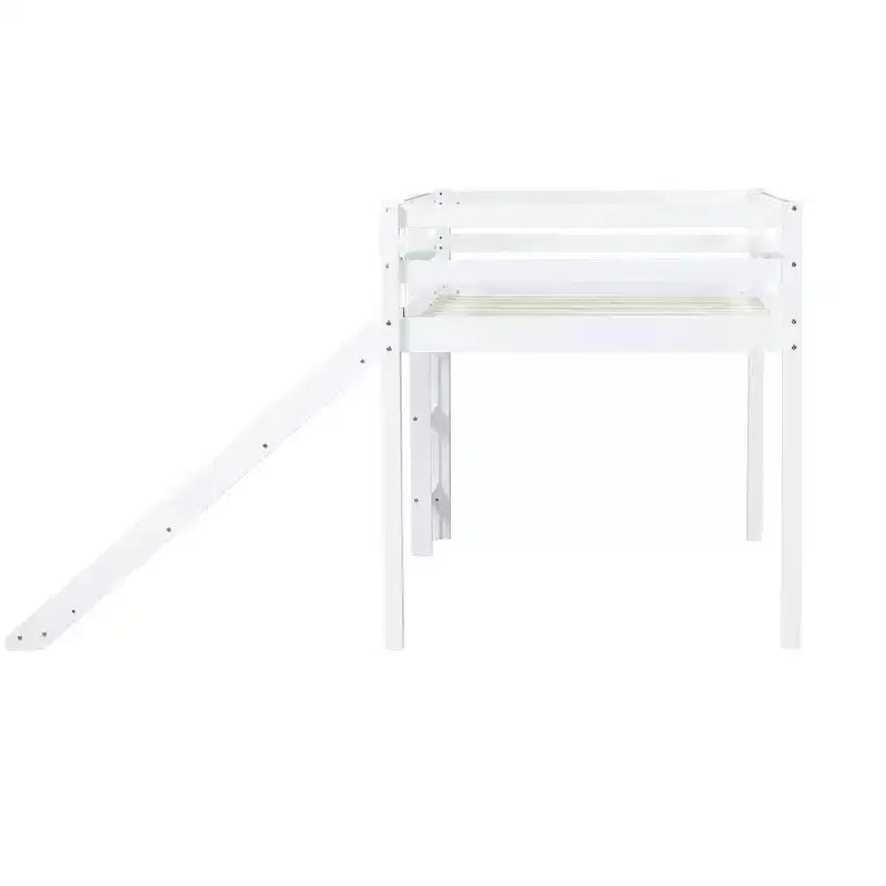 Lit mezzanine bas jumeau avec toboggan, échelle et barrières de sécurité – Blanc, Bois massif