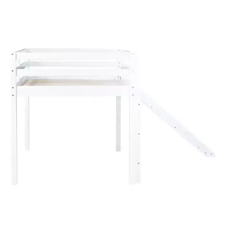 Lit mezzanine bas jumeau avec toboggan, échelle et barrières de sécurité – Blanc, Bois massif