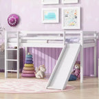 Lit mezzanine bas jumeau avec toboggan, échelle et barrières de sécurité – Blanc, Bois massif