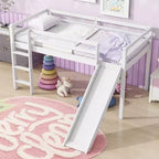 Lit mezzanine bas jumeau avec toboggan, échelle et barrières de sécurité – Blanc, Bois massif