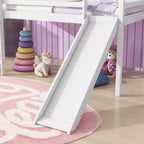 Lit mezzanine bas jumeau avec toboggan, échelle et barrières de sécurité – Blanc, Bois massif