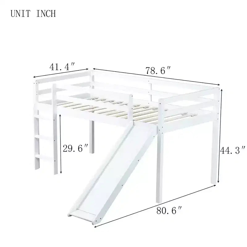 Lit mezzanine bas jumeau avec toboggan, échelle et barrières de sécurité – Blanc, Bois massif