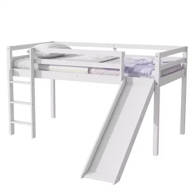 Lit mezzanine bas jumeau avec toboggan, échelle et barrières de sécurité – Blanc, Bois massif