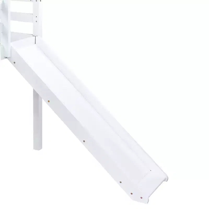 Lit mezzanine bas jumeau avec toboggan, échelle et barrières de sécurité – Blanc, Bois massif
