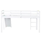 Lit mezzanine bas jumeau avec toboggan, échelle et barrières de sécurité – Blanc, Bois massif