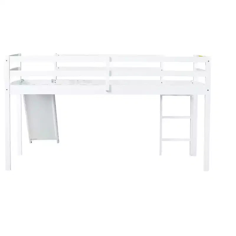 Lit mezzanine bas jumeau avec toboggan, échelle et barrières de sécurité – Blanc, Bois massif