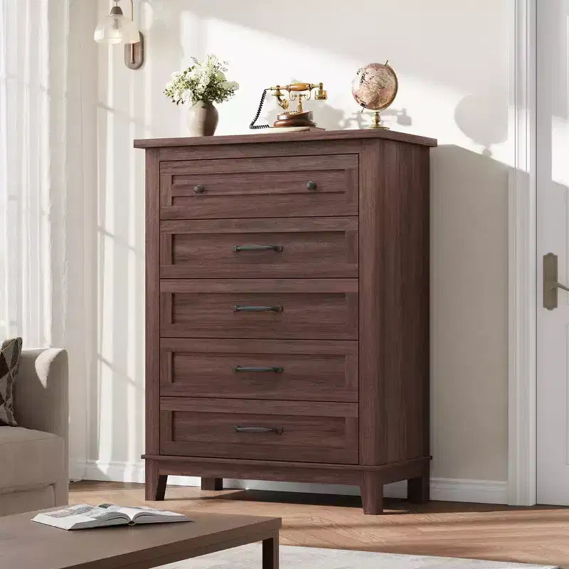 Commode verticale autoportante à 5 tiroirs noire/marron/marron et blanc/blanche