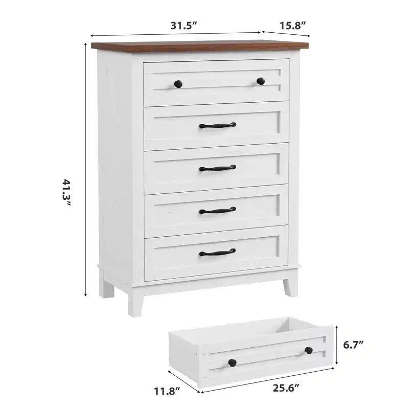 Commode verticale autoportante à 5 tiroirs noire/marron/marron et blanc/blanche