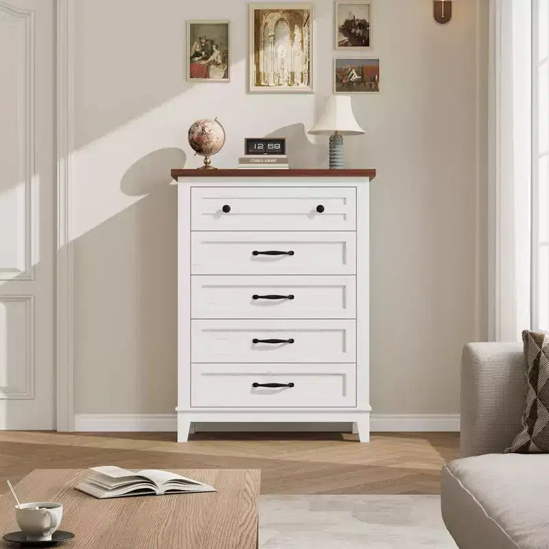 Commode verticale autoportante à 5 tiroirs noire/marron/marron et blanc/blanche