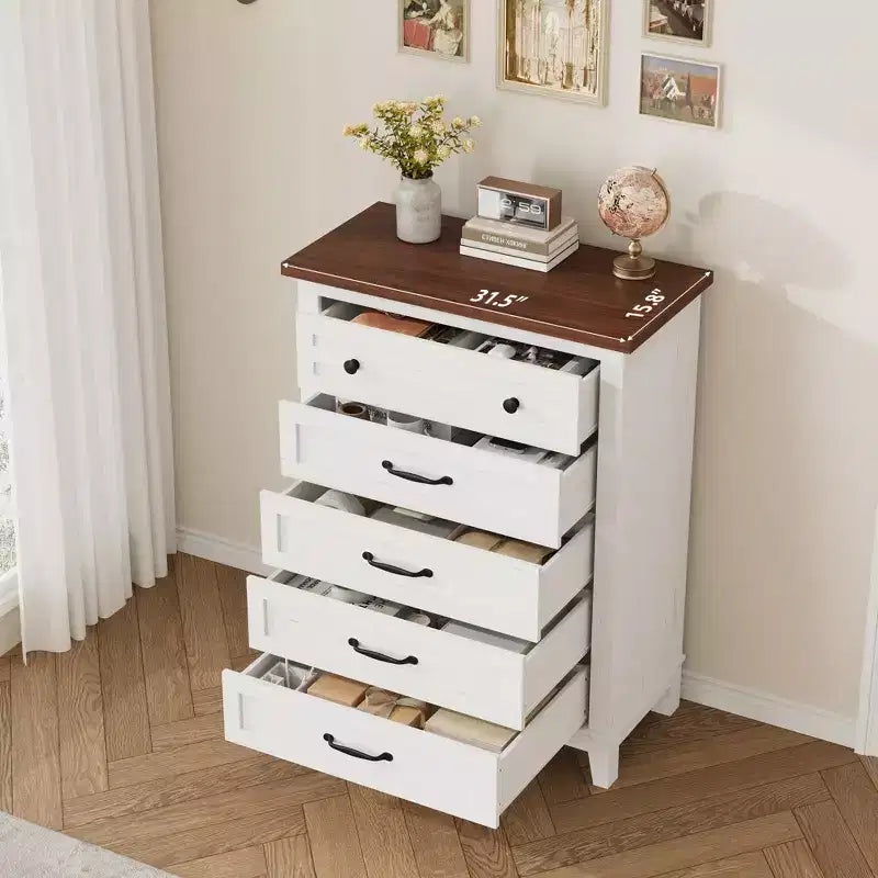Commode verticale autoportante à 5 tiroirs noire/marron/marron et blanc/blanche