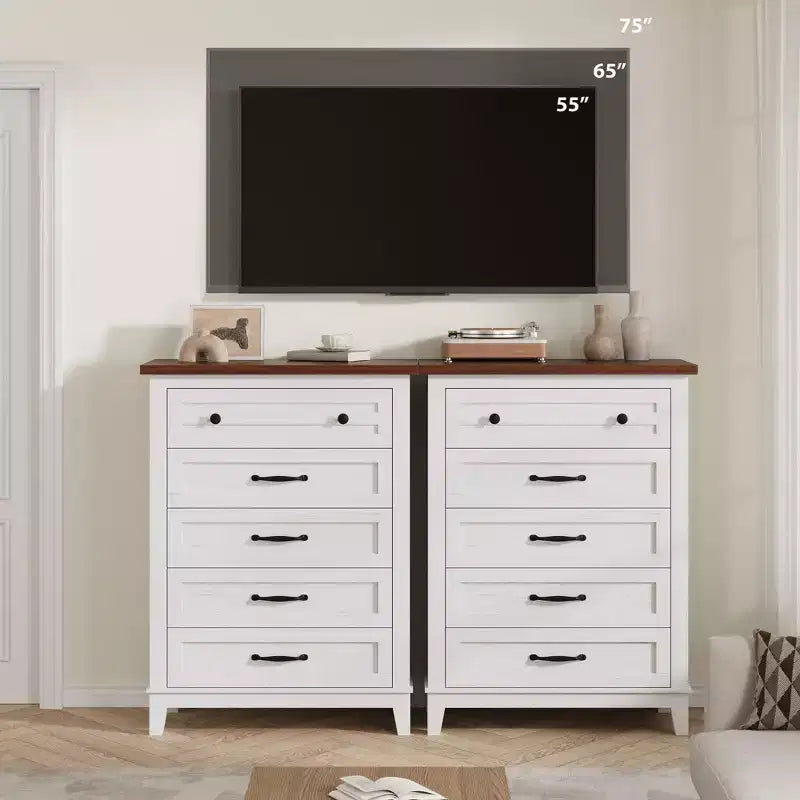 Commode verticale autoportante à 5 tiroirs noire/marron/marron et blanc/blanche