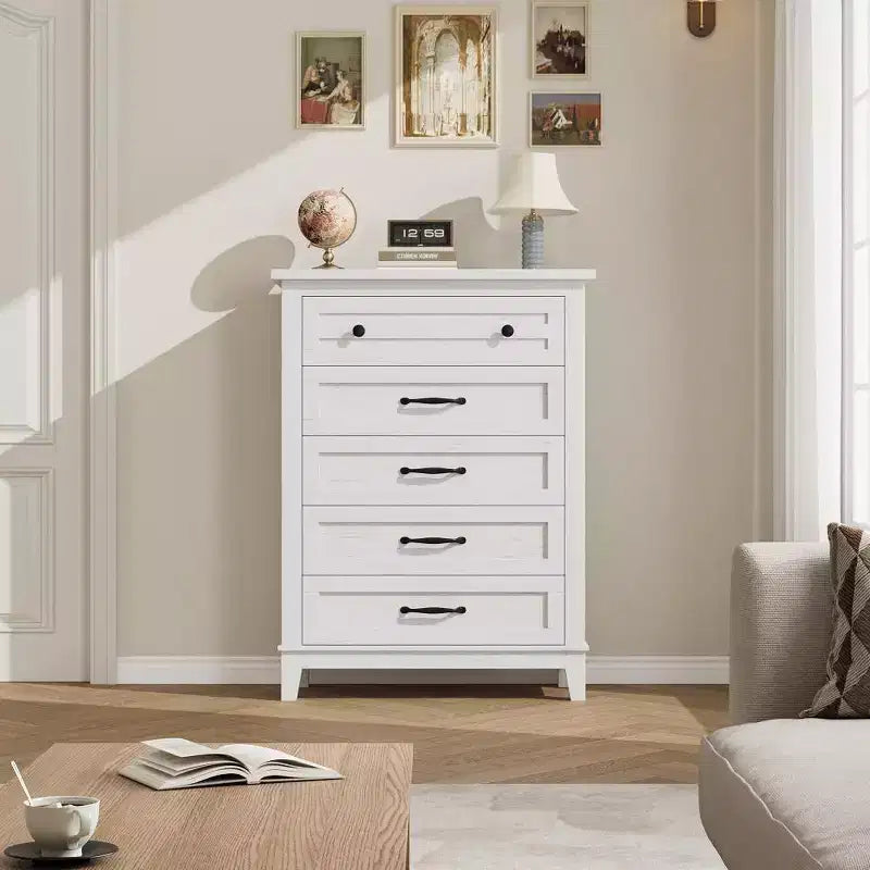 Commode verticale autoportante à 5 tiroirs noire/marron/marron et blanc/blanche