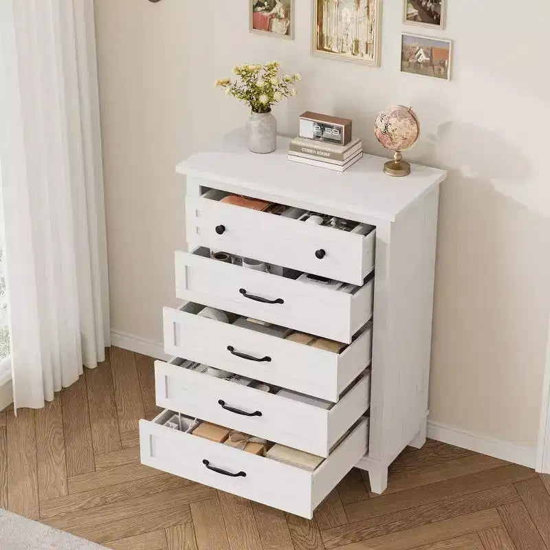 Commode verticale autoportante à 5 tiroirs noire/marron/marron et blanc/blanche