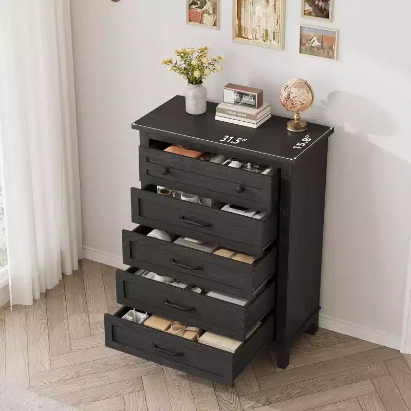 Commode verticale autoportante à 5 tiroirs noire/marron/marron et blanc/blanche