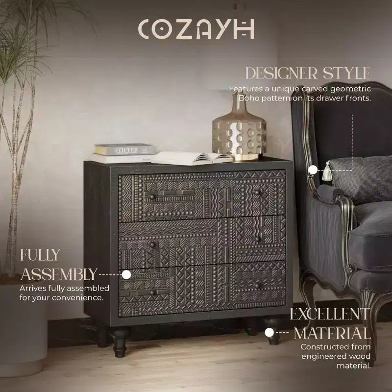 Commode de chambre à 3 tiroirs de style campagnard avec motif géométrique sculpté – Noir