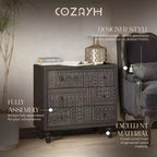 Commode de chambre à 3 tiroirs de style campagnard avec motif géométrique sculpté – Noir