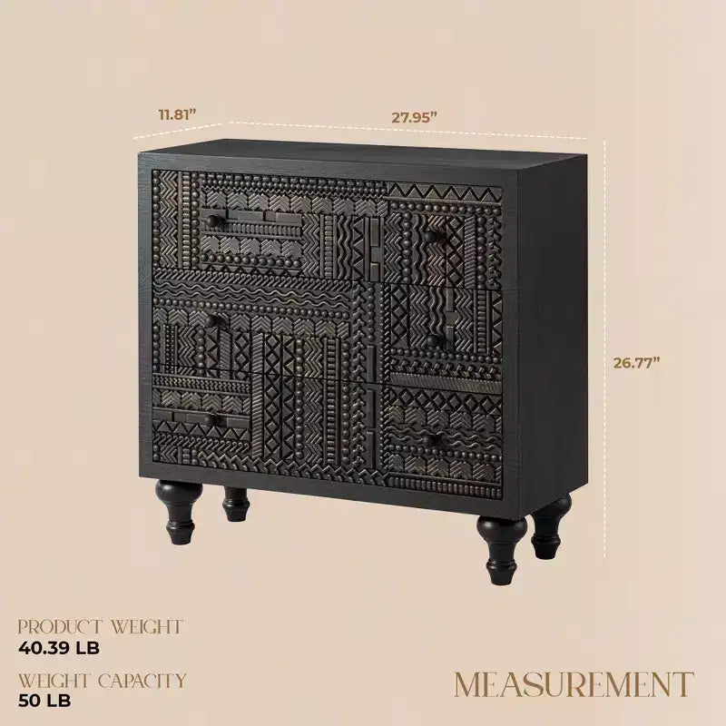 Commode de chambre à 3 tiroirs de style campagnard avec motif géométrique sculpté – Noir