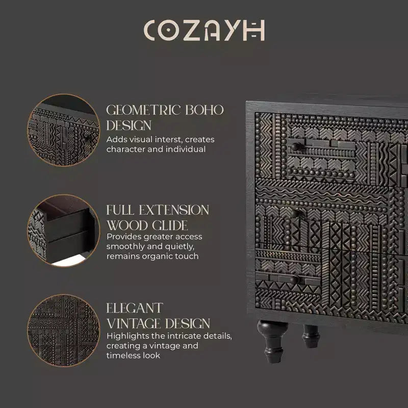 Farmhouse 3-Drawer Bedroom Dresser with Geometric Carved Pattern – Black
