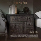 Commode de chambre à 3 tiroirs de style campagnard avec motif géométrique sculpté – Noir