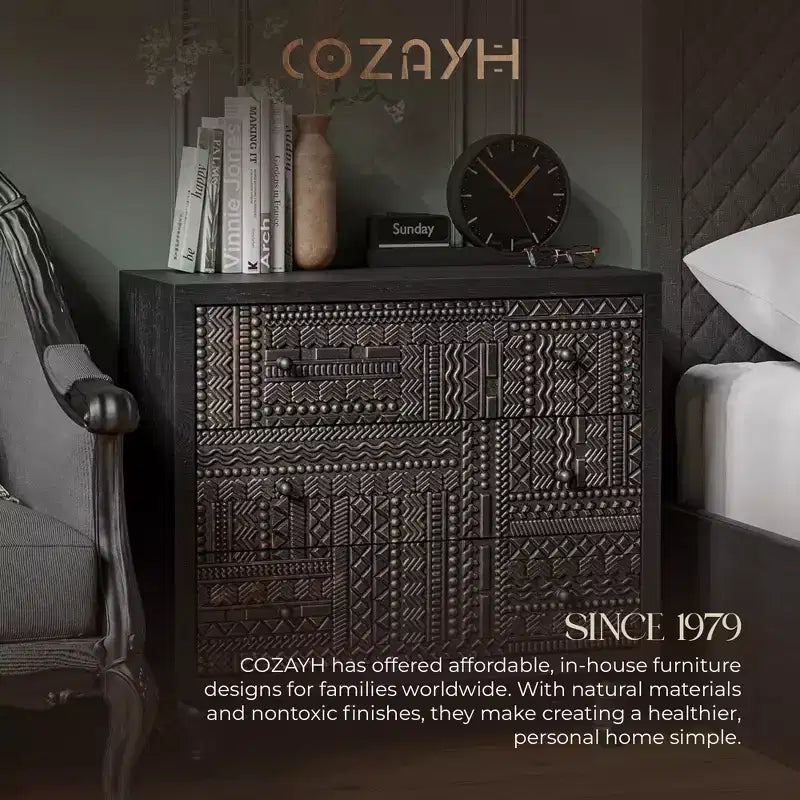 Farmhouse 3-Drawer Bedroom Dresser with Geometric Carved Pattern – Black
