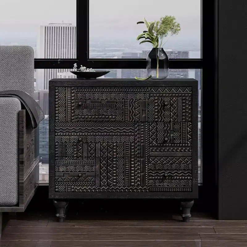 Commode de chambre à 3 tiroirs de style campagnard avec motif géométrique sculpté – Noir