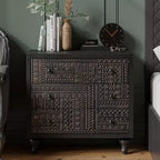 Commode de chambre à 3 tiroirs de style campagnard avec motif géométrique sculpté – Noir