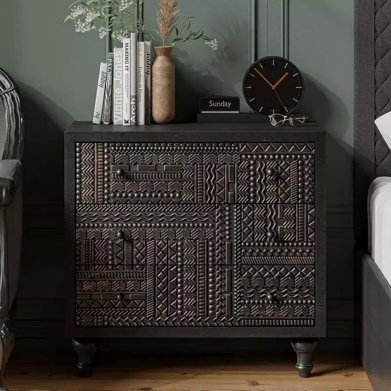 Commode de chambre à 3 tiroirs de style campagnard avec motif géométrique sculpté – Noir
