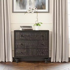 Commode de chambre à 3 tiroirs de style campagnard avec motif géométrique sculpté – Noir