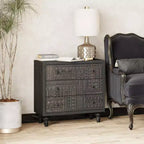 Commode de chambre à 3 tiroirs de style campagnard avec motif géométrique sculpté – Noir